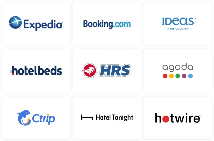 Booking channel logos including Expedia, Booking.com, Agoda, Hotelbeds and HRS