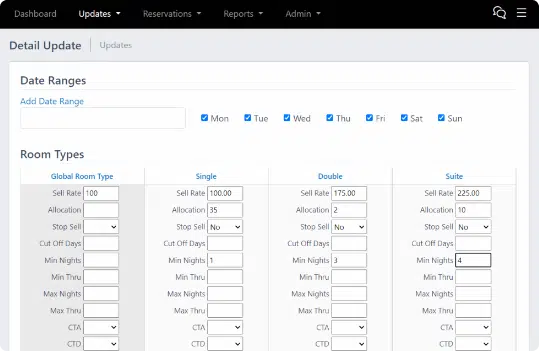ChannelRUSH detail-update interface for managing room rates and restrictions