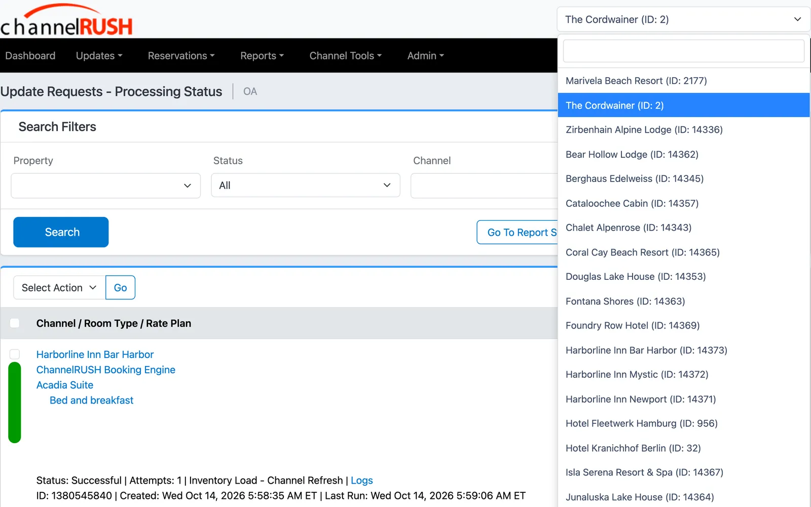 ChannelRUSH back office: update status across the organization, with the property switcher open on the full list of properties