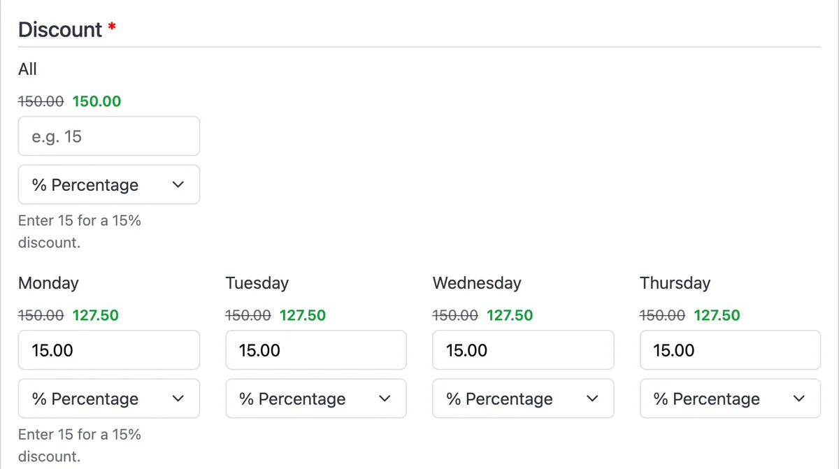 A booking-engine promotion with a 15% discount on each weekday