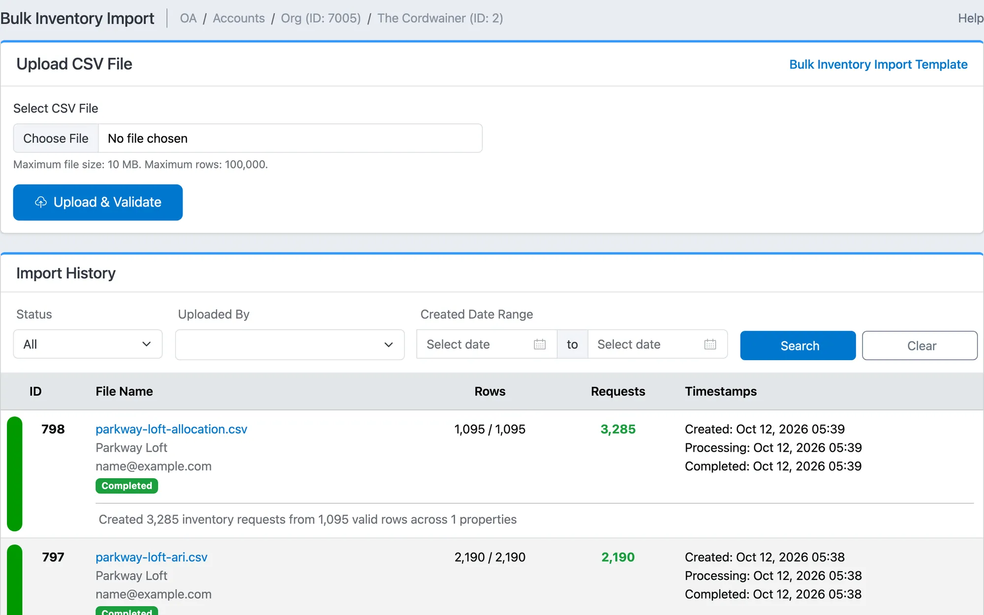 Bulk inventory import: a CSV upload with a 100,000-row limit, and the import history