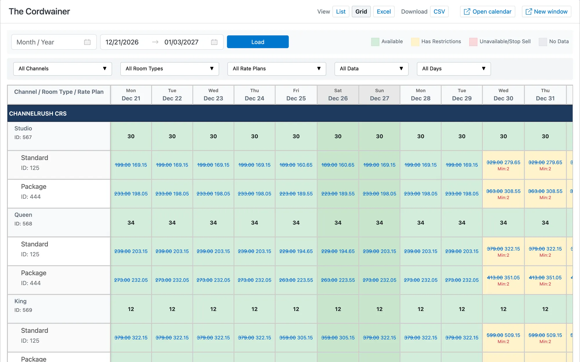 Rates and availability grid for The Cordwainer over New Year, with a two-night minimum on December 30 and 31