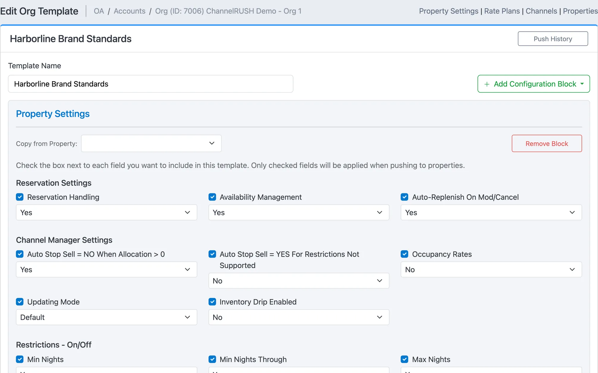 Org template Harborline Brand Standards: reservation, availability and restriction settings to push to every property