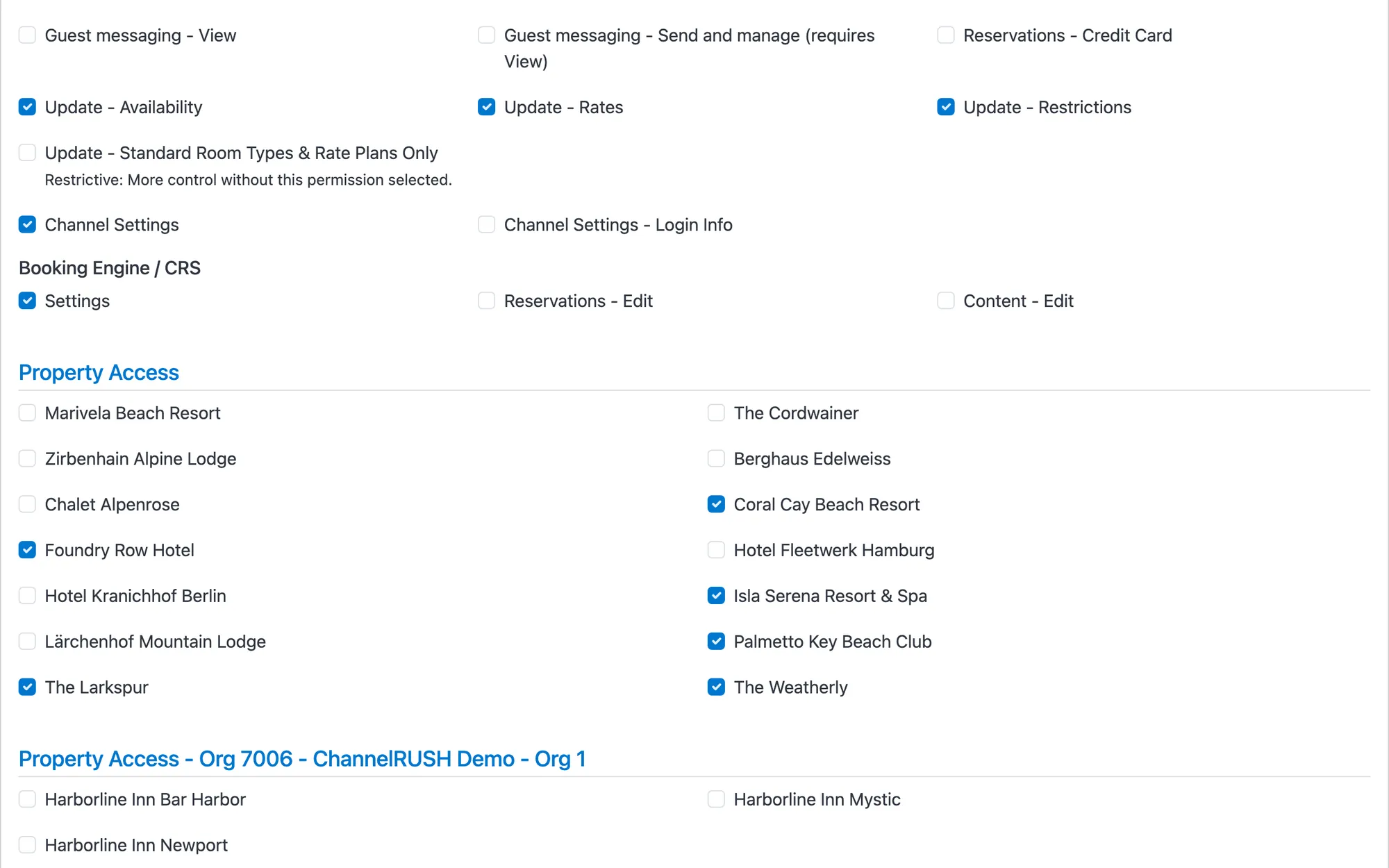 User permissions for a revenue manager: rates, availability and restrictions on six of the organization’s properties