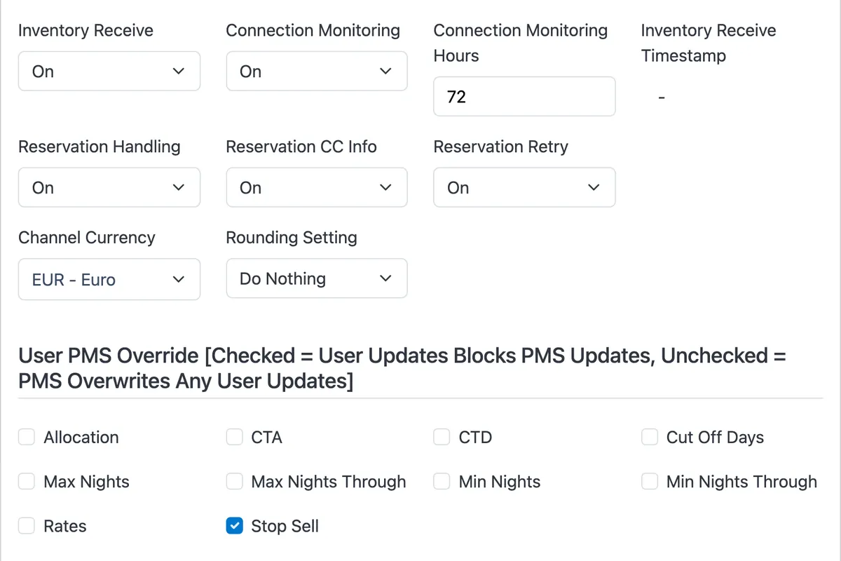 PMS channel settings: connection monitoring after 72 hours, reservation retry, channel currency and User PMS Override