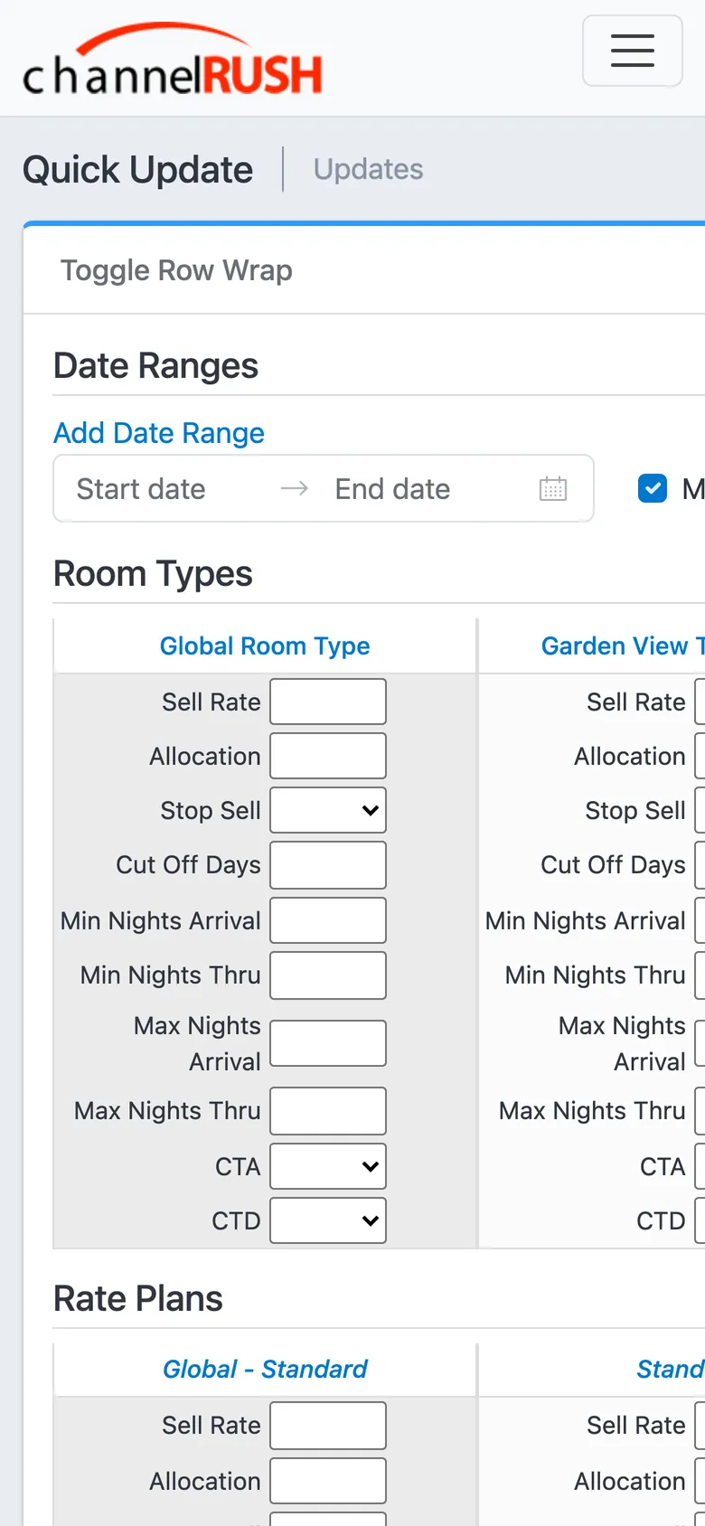 Quick Update on a phone, with rates, allocation, stop-sell and restrictions per room type