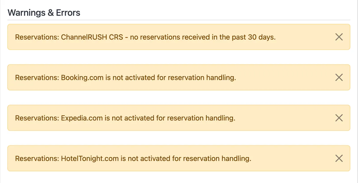 Org Status warnings for one property: no recent CRS reservations, and three channels not yet activated for reservations
