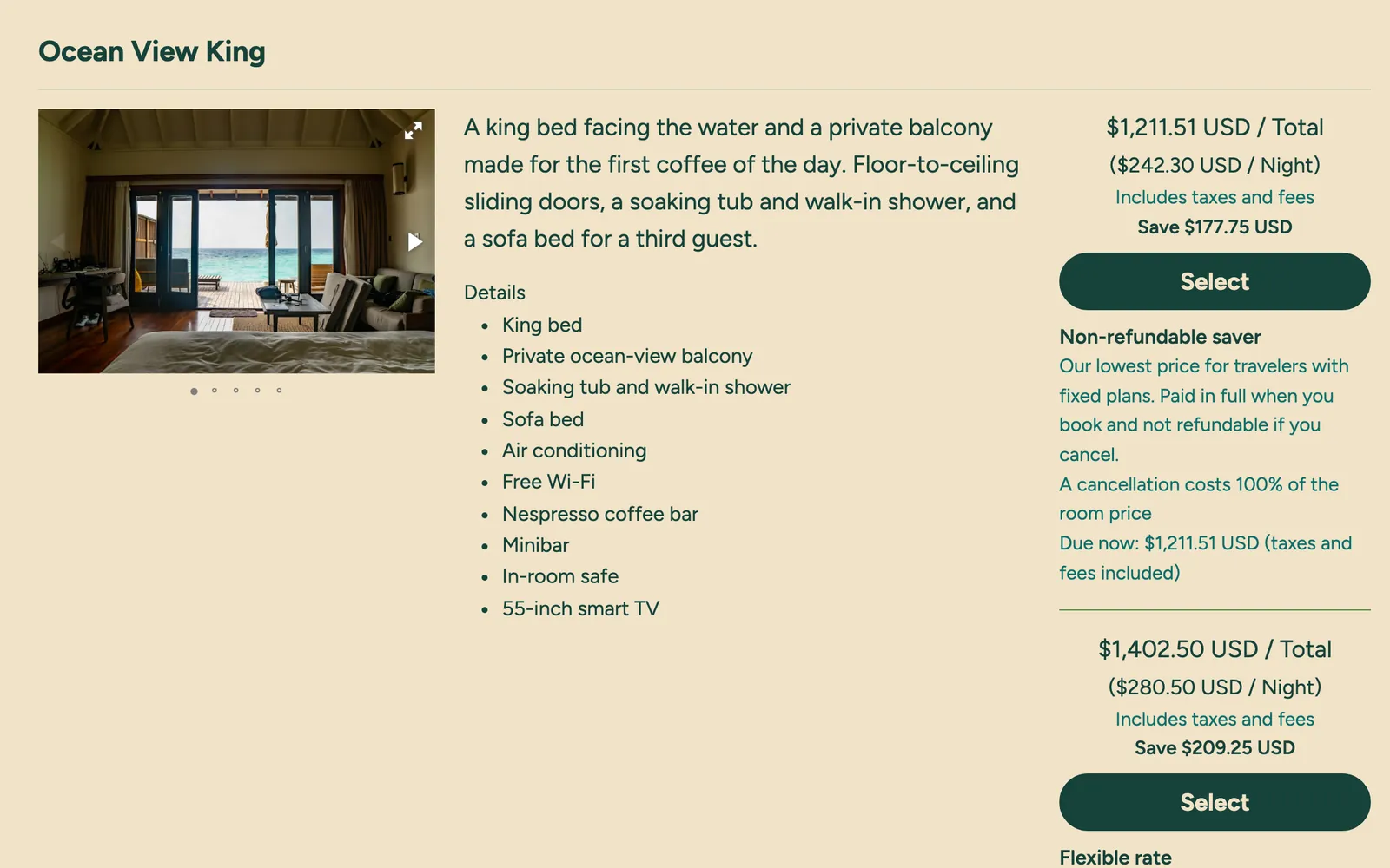 Marivela Beach Resort’s booking site showing the Ocean View King for five nights: a non-refundable and a flexible rate, each with its total and its saving from a stay-longer promotion.