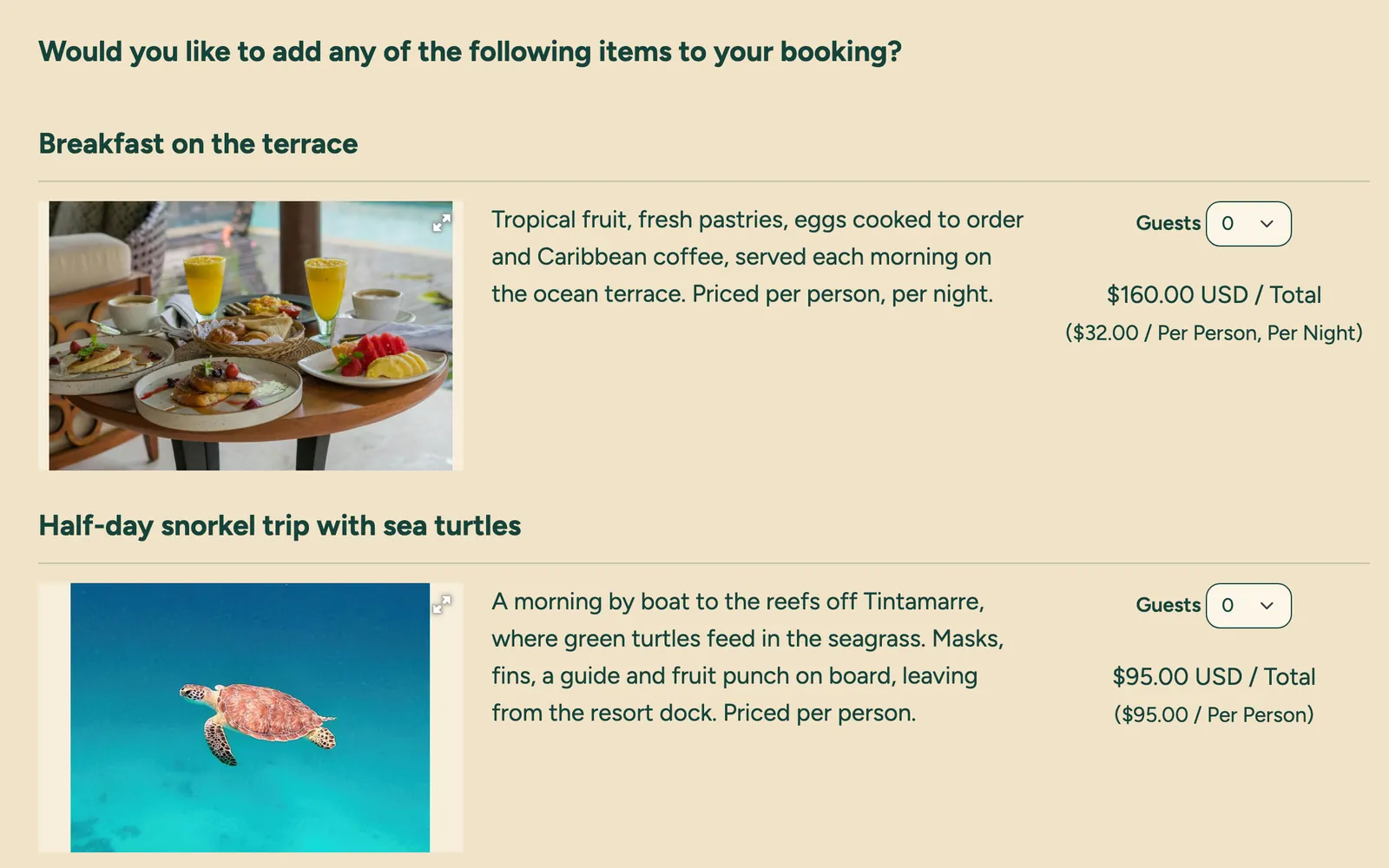 Marivela Beach Resort’s extras for the stay: breakfast on the terrace at $32.00 per person per night and a half-day snorkel trip at $95.00 per person, each with a guest selector.
