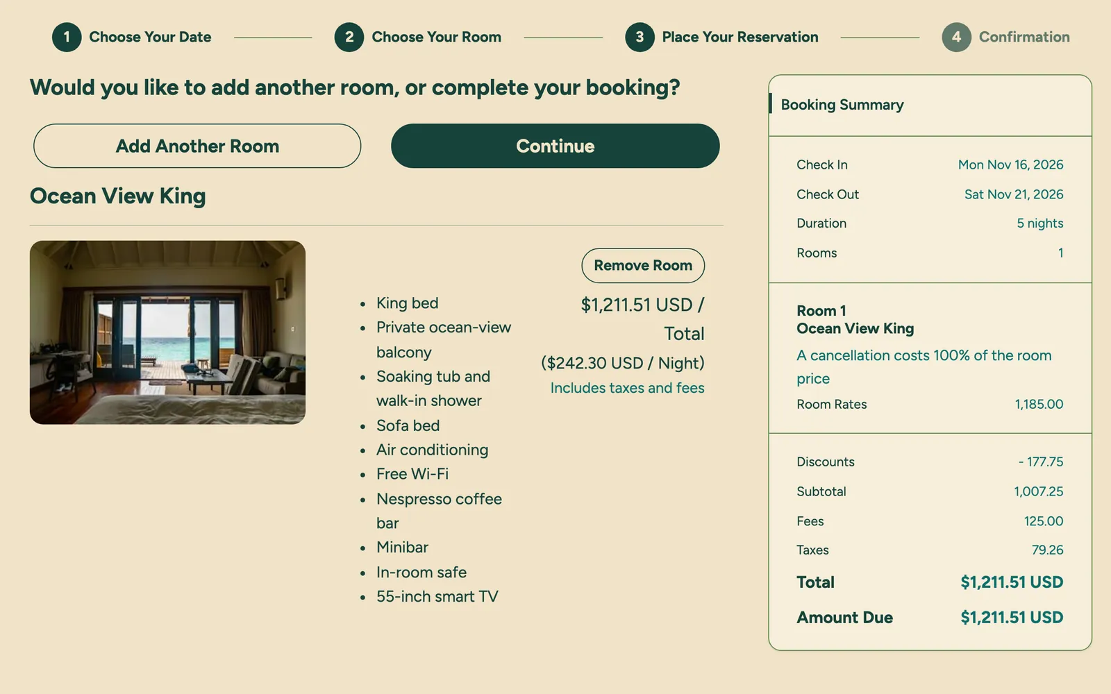 The booking summary for five nights in the Ocean View King: room rates 1,185.00, discounts minus 177.75, fees 125.00, taxes 79.26 and a total of $1,211.51.