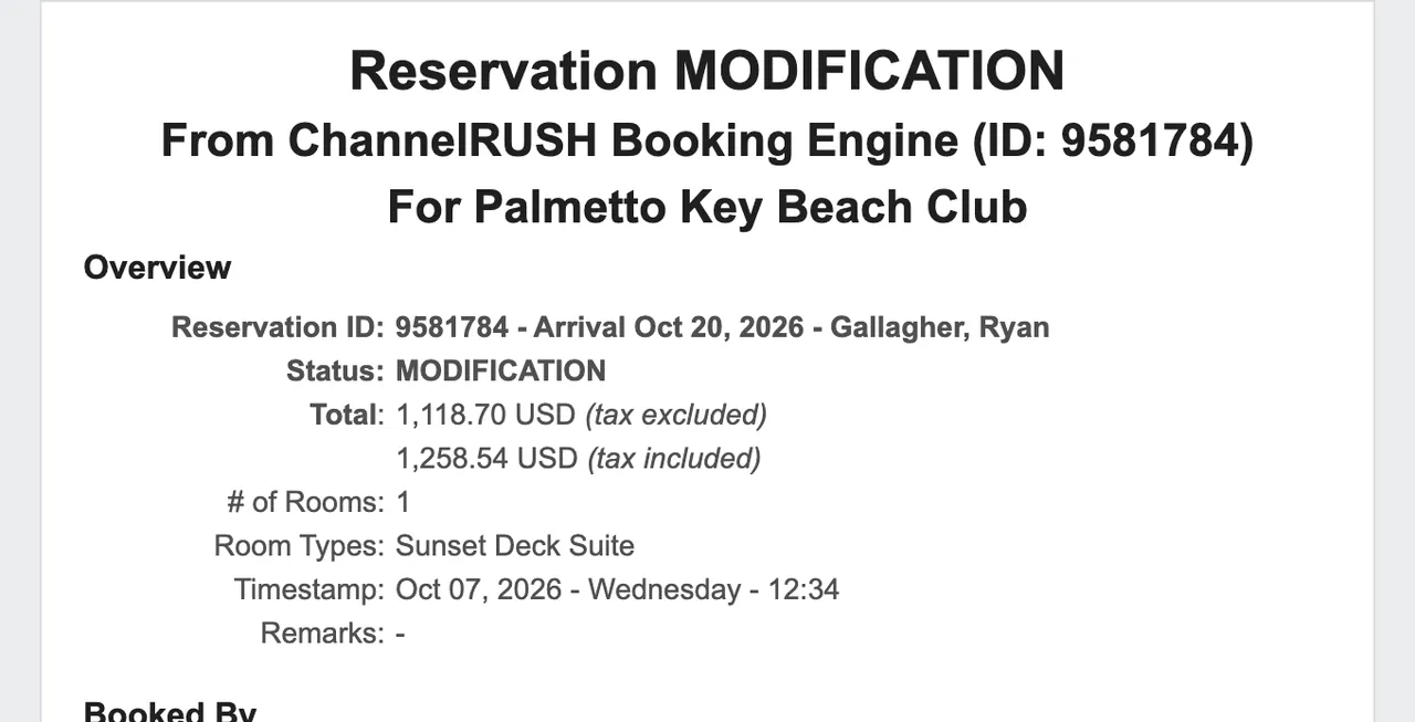 A modified reservation in the ChannelRUSH back office, showing its new status, totals and room type.