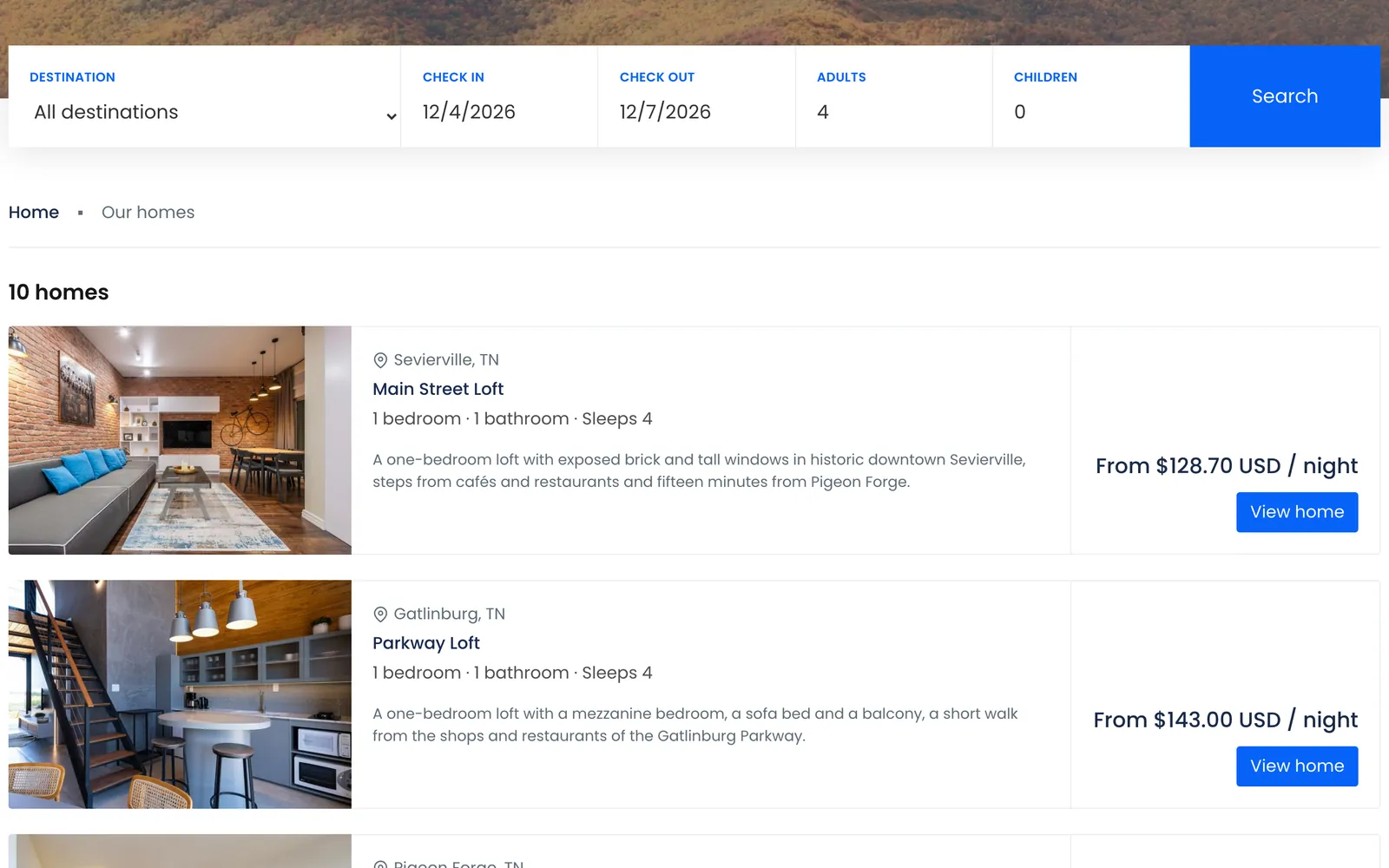 The Hollow & Ridge Mountain Homes booking site listing ten homes for 4 to 7 December, each with its town, bedrooms, bathrooms, sleeps and price per night.
