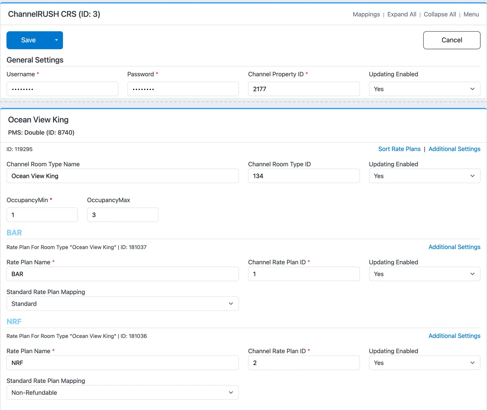 The ChannelRUSH CRS channel at Marivela Beach Resort: a masked username and password, Channel Property ID 2177, and the Ocean View King mapped as room type 134 with its NRF rate plan as 2.