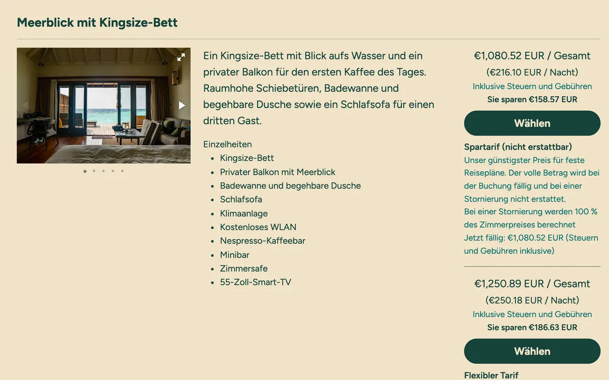The Ocean View King on Marivela’s booking site in German, priced in euros.