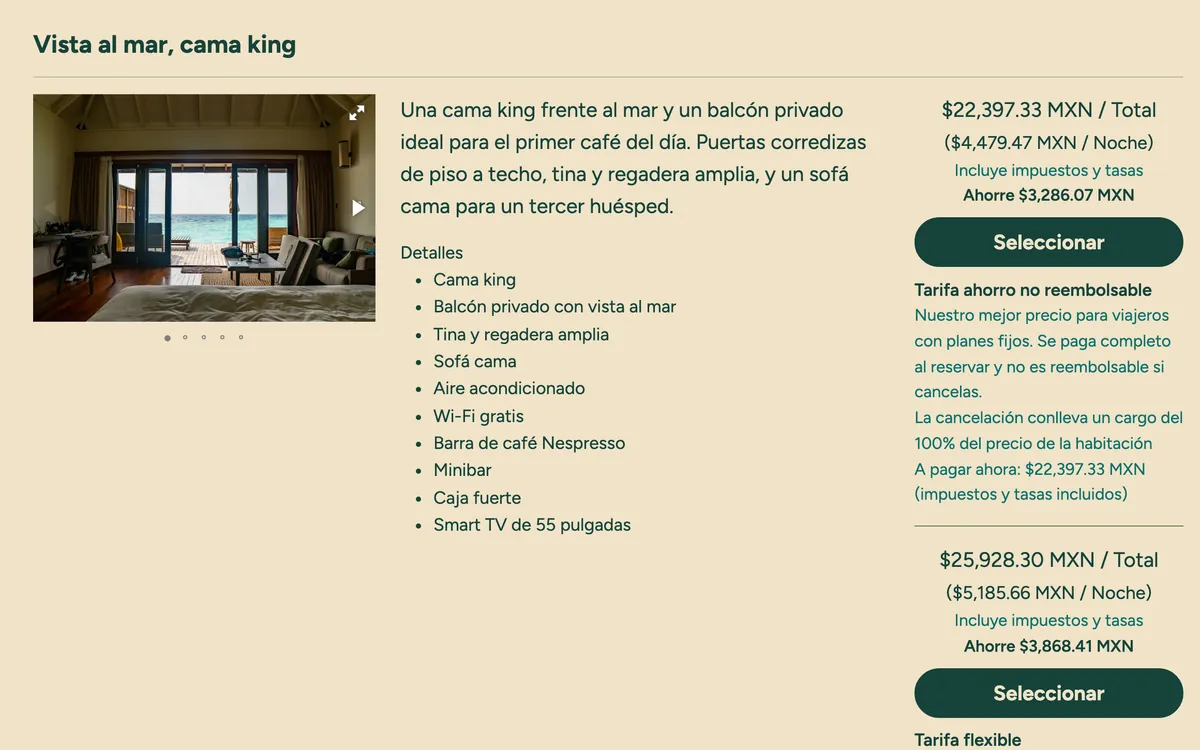 The same room in Spanish, priced in Mexican pesos.