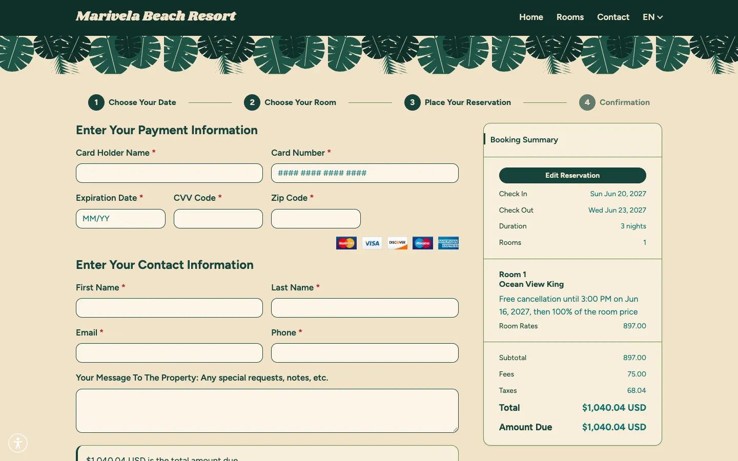 Checkout page with guest details, payment and a summary of the room rate, taxes and fees