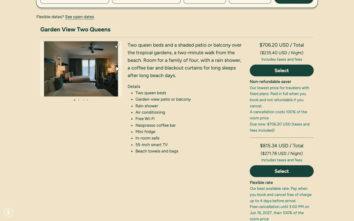 Search results listing rooms with rate plans, prices and cancellation terms