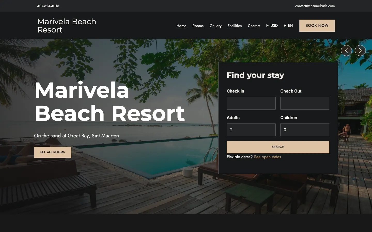Almaris theme with the Holiday home page in the Bold style and dark scheme