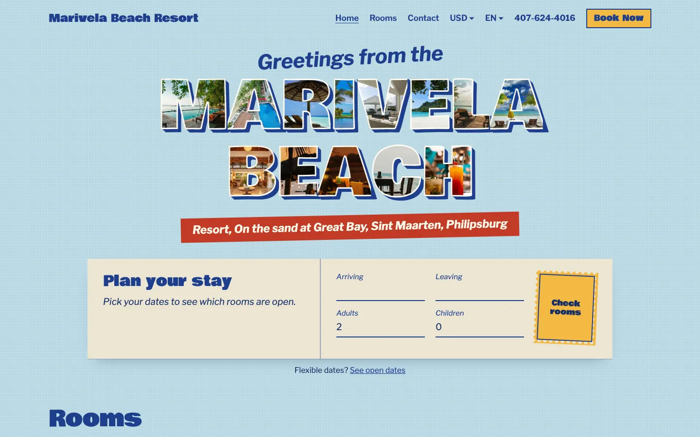 A demo hotel's home page in the Postcard theme on a desktop screen