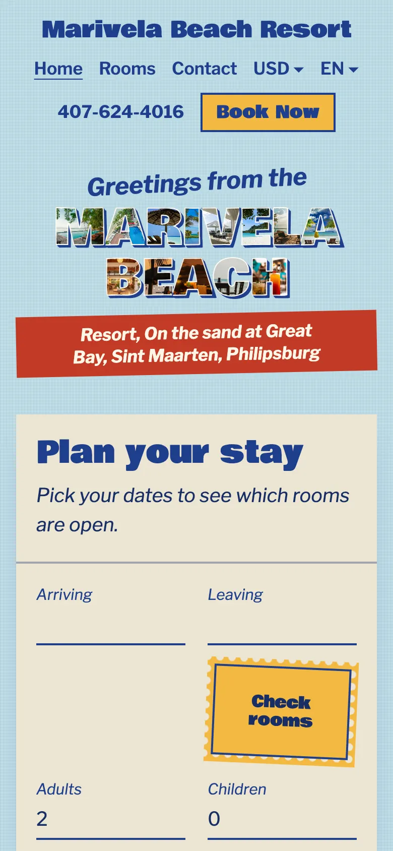 The same home page in the Postcard theme on a phone