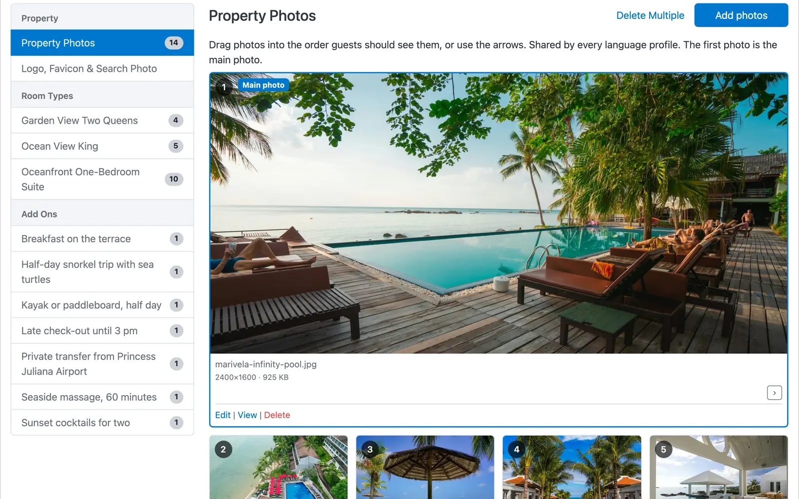 ChannelRUSH photo manager for Marivela Beach Resort: photo targets with counts, the main photo and its pixel and file size