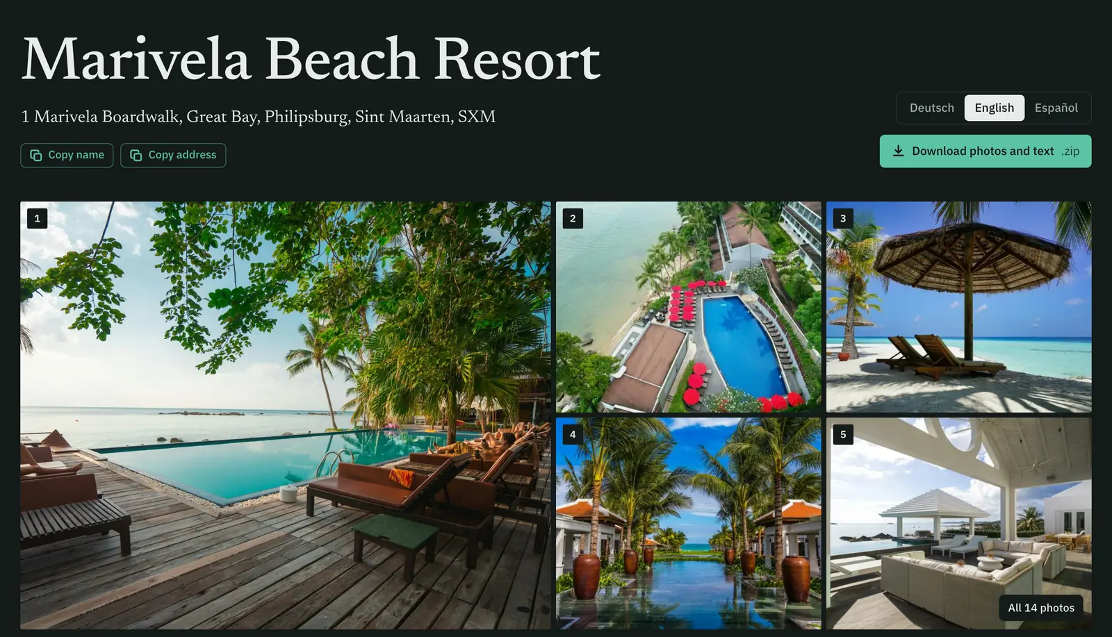 Marivela Beach Resort's public content page: Copy name and address, a language switch, the ZIP download and the same photos in the same order