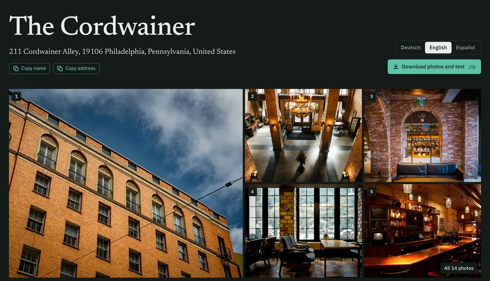The Cordwainer's public content page: name and address with Copy buttons, a language switch, the ZIP download and a numbered photo mosaic