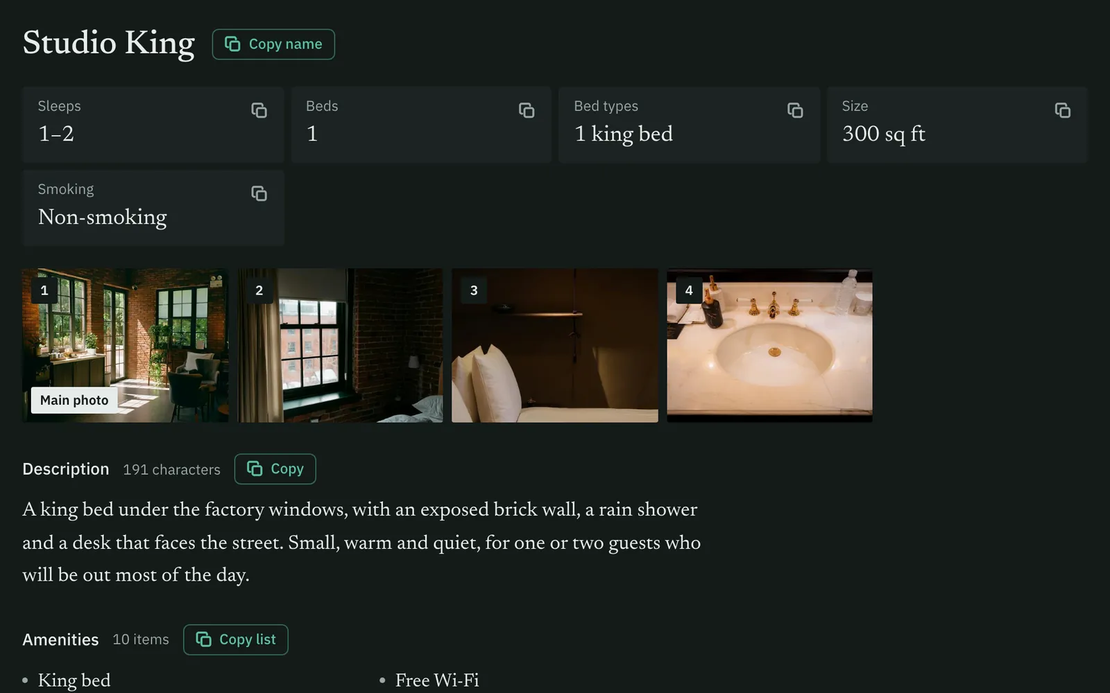 The Studio King room on the public content page: sleeps, beds, bed type and size, photos with the main one marked, and a 191-character description with a Copy button