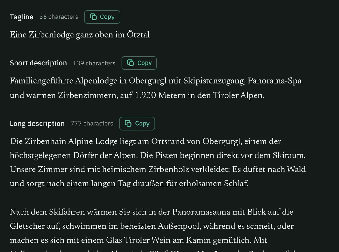 Zirbenhain Alpine Lodge's German profile: tagline, short and long descriptions, each with a character count and a Copy button