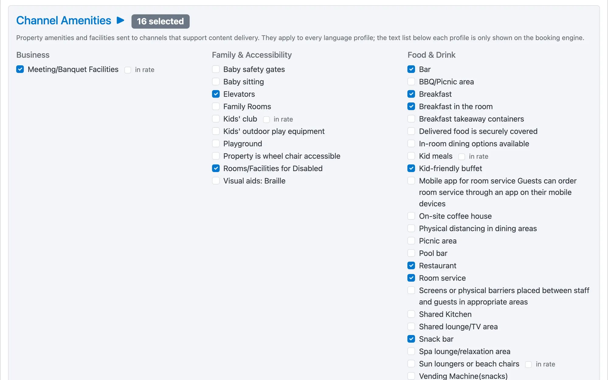 The channel amenity picker: 16 selected, grouped by category, with included-in-rate options