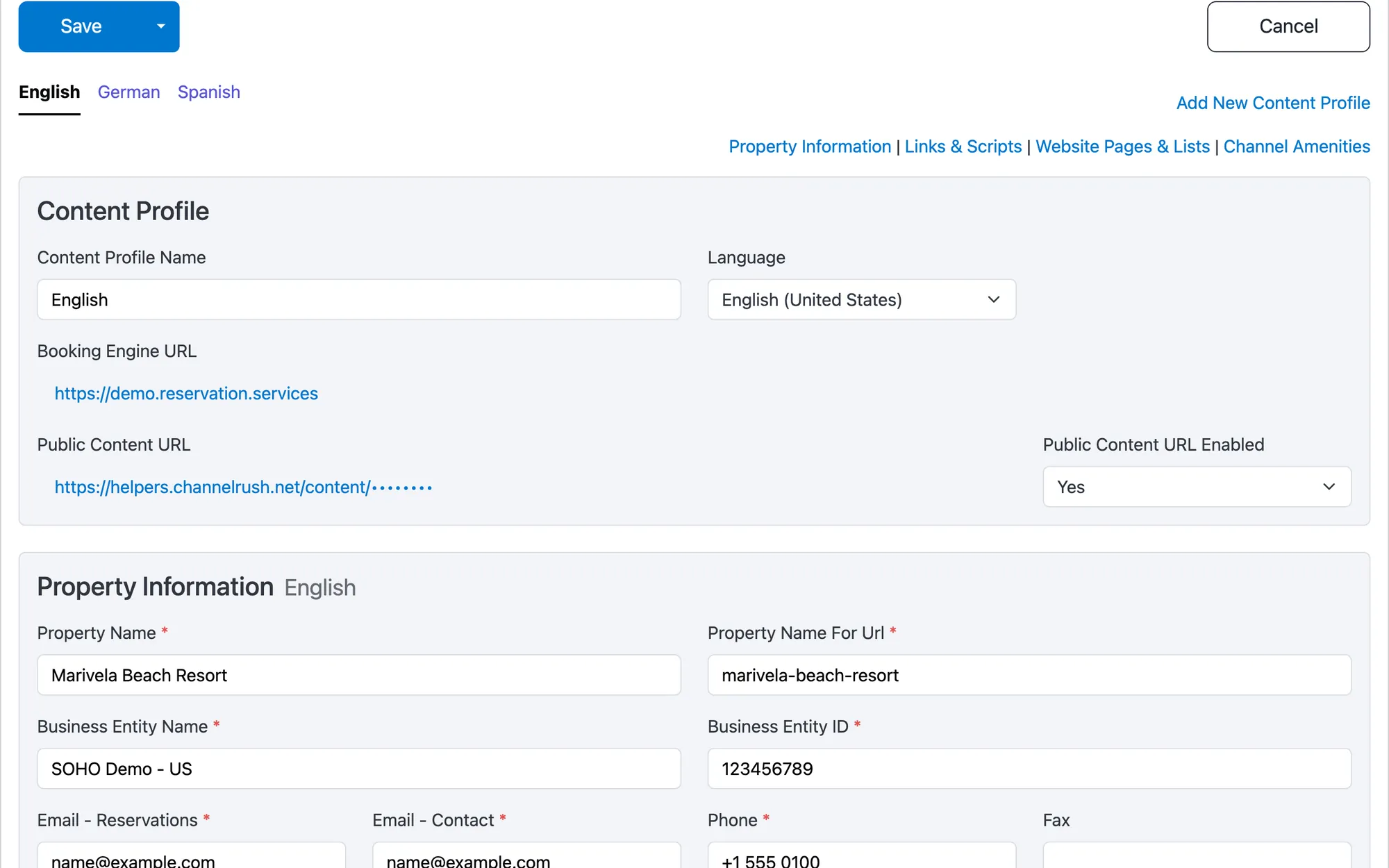 Content settings for Marivela Beach Resort: English, German and Spanish profiles, the profile's language and its public content link
