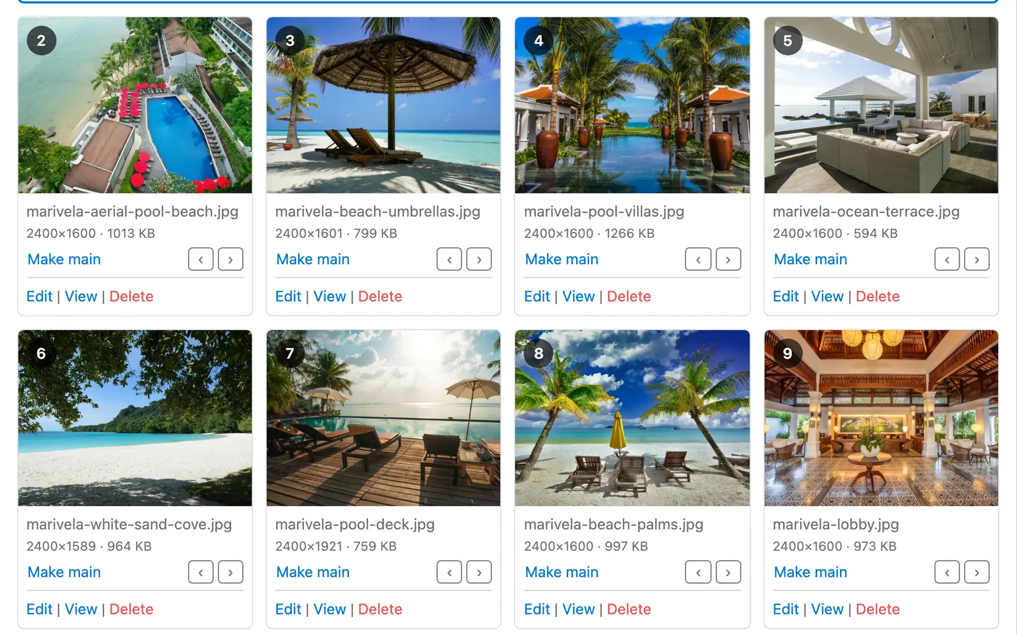The photo grid: numbered photos with pixel and file size, and Make main and arrow controls