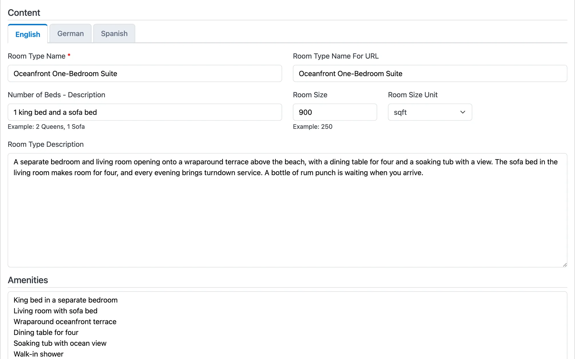 Room content for the Oceanfront One-Bedroom Suite: language tabs, name, beds, size, description and amenities