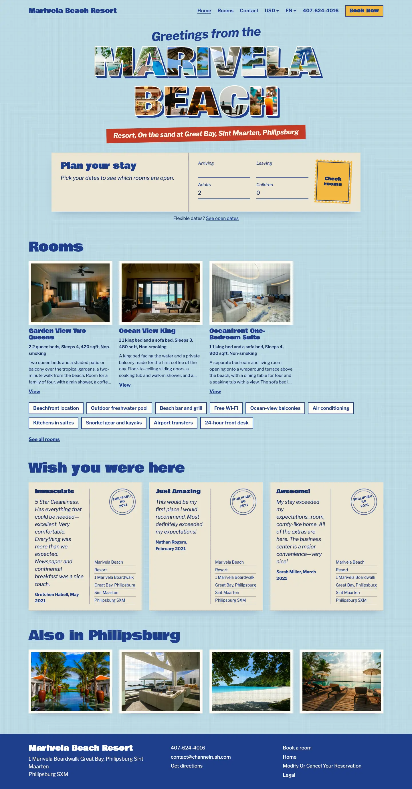 Postcard theme, home page on desktop